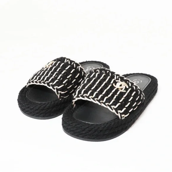 NEW CHANEL WOMENS BRAIDED KNIT METALLIC CC SLIDES SZ EU 39